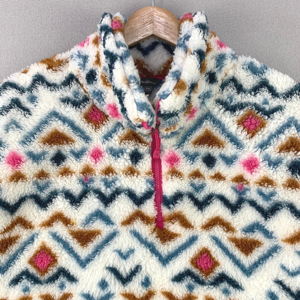 Eddie Bauer Aztec Fleece Pullover Women XXL White Geometric Quarter Zip Sherpa